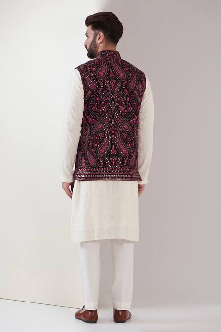 Shop_Kasbah_Maroon Georgette Embroidery, Sequins Paisley Nehru Jacket _at_Aza_Fashions