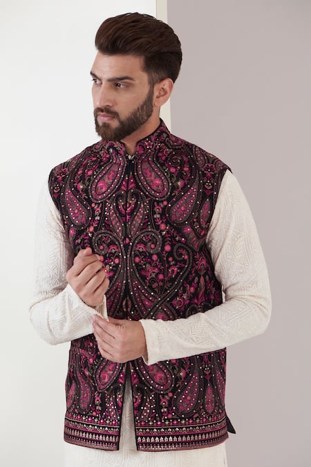 Kasbah_Maroon Georgette Embroidery, Sequins Paisley Nehru Jacket _Online_at_Aza_Fashions