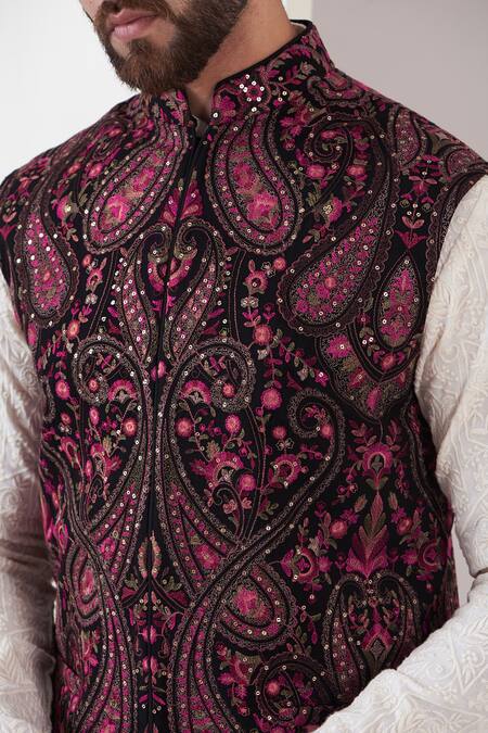 Buy_Kasbah_Maroon Georgette Embroidery, Sequins Paisley Nehru Jacket _Online_at_Aza_Fashions