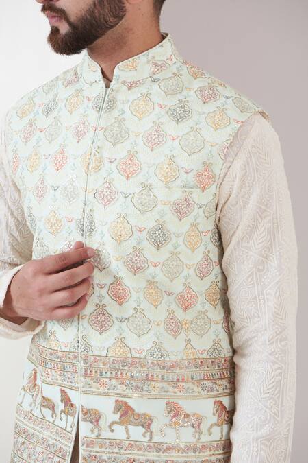 Buy_Kasbah_Blue Georgette Embroidery Thread Nehru Jacket _Online_at_Aza_Fashions
