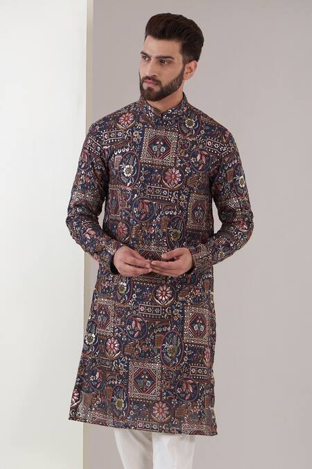 Kasbah_Blue Georgette Embroidery Flower Kurta_Online_at_Aza_Fashions