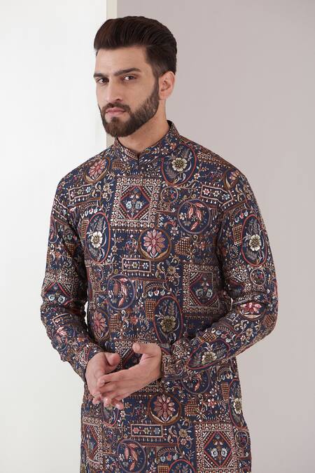 Buy_Kasbah_Blue Georgette Embroidery Flower Kurta_Online_at_Aza_Fashions