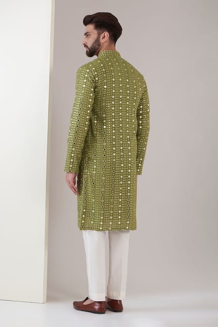 Shop Kasbah Green Georgette Mirrors, Embroidery And Thread Kurta at Aza Fashions Shop_Kasbah_Green Georgette Mirrors, Embroidery And Thread Kurta _at_Aza_Fashions