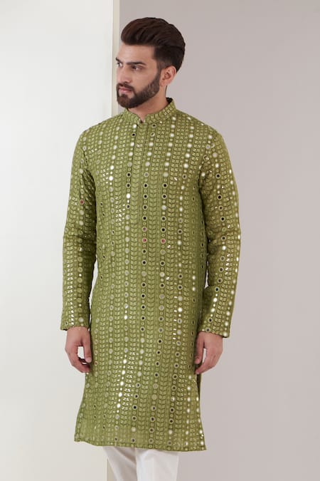 Kasbah Green Georgette Mirrors, Embroidery And Thread Kurta Online at Aza Fashions Kasbah_Green Georgette Mirrors, Embroidery And Thread Kurta _Online_at_Aza_Fashions