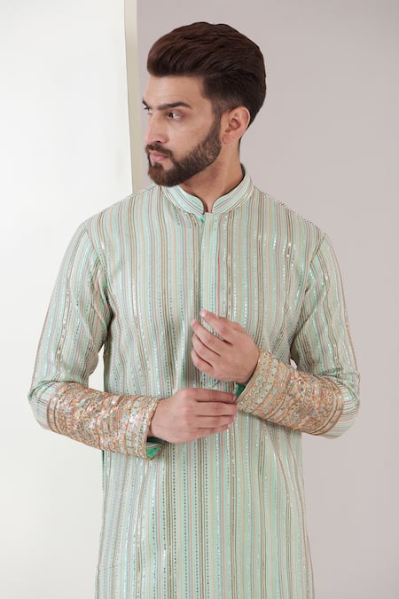 Kasbah_Blue Georgette Sequins, Embroidery Stripe Pattern Kurta _Online_at_Aza_Fashions