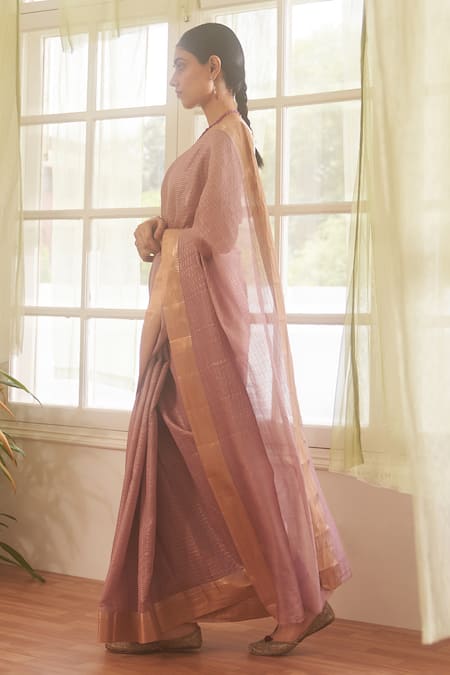 Five Point Five_Pink Chanderi Cotton Zari Striped Saree With Running Blouse _Online_at_Aza_Fashions