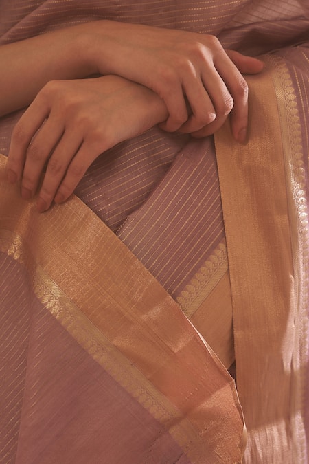 Shop_Five Point Five_Pink Chanderi Cotton Zari Striped Saree With Running Blouse _Online_at_Aza_Fashions