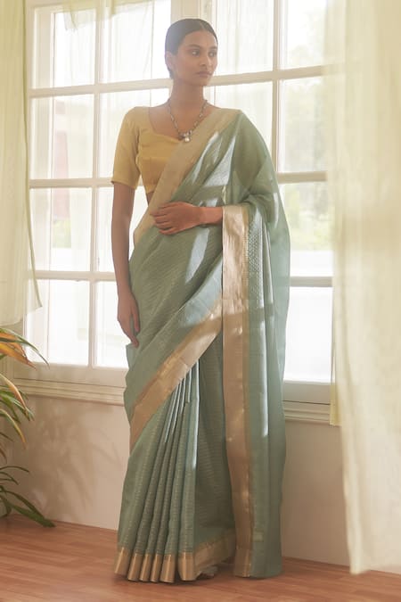 FIVE POINT FIVE Green Chanderi Cotton Striped Saree With Running Blouse 