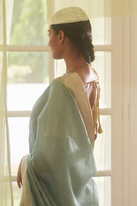 Five Point Five Green Chanderi Cotton Zari Striped Saree With Running Blouse Online at Aza Fashions Five Point Five_Green Chanderi Cotton Zari Striped Saree With Running Blouse _Online_at_Aza_Fashions