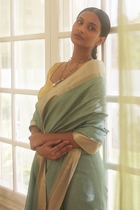 Shop Five Point Five Green Chanderi Cotton Zari Striped Saree With Running Blouse Online at Aza Fashions Shop_Five Point Five_Green Chanderi Cotton Zari Striped Saree With Running Blouse _Online_at_Aza_Fashions