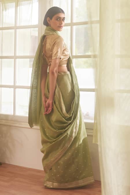 Shop Five Point Five Green Chanderi Cotton Zari Handwoven Saree With Running Blouse at Aza Fashions Shop_Five Point Five_Green Chanderi Cotton Zari Handwoven Saree With Running Blouse_at_Aza_Fashions