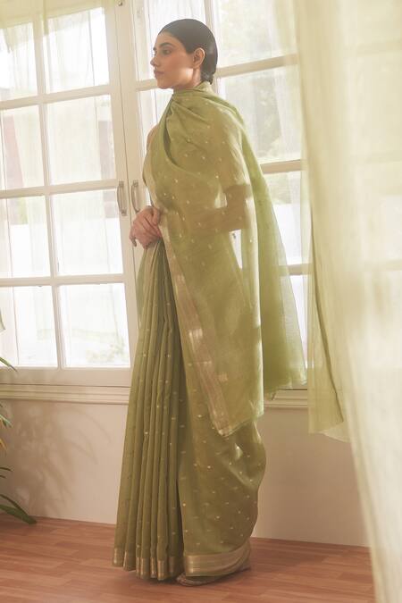 Five Point Five Green Chanderi Cotton Zari Handwoven Saree With Running Blouse Online at Aza Fashions Five Point Five_Green Chanderi Cotton Zari Handwoven Saree With Running Blouse_Online_at_Aza_Fashions