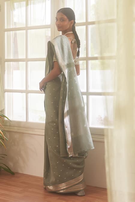 Five Point Five Grey Chanderi Cotton Zari Geometric Border Saree With Running Blouse Online at Aza Fashions Five Point Five_Grey Chanderi Cotton Zari Geometric Border Saree With Running Blouse _Online_at_Aza_Fashions