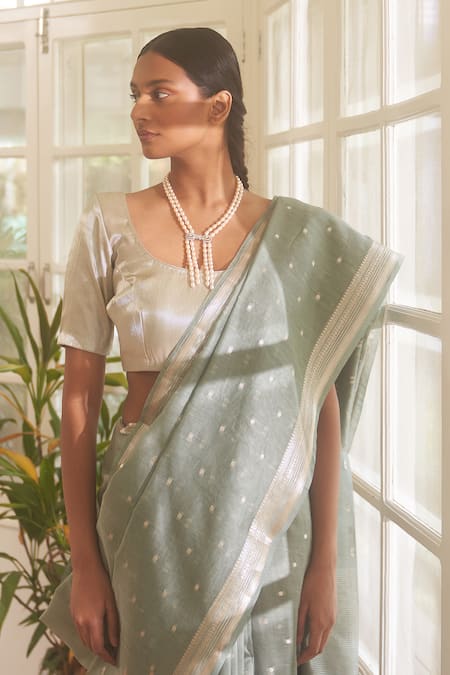 Buy Five Point Five Grey Chanderi Cotton Zari Geometric Border Saree With Running Blouse Online at Aza Fashions Buy_Five Point Five_Grey Chanderi Cotton Zari Geometric Border Saree With Running Blouse _Online_at_Aza_Fashions