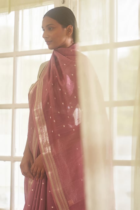 Five Point Five_Pink Chanderi Cotton Zari Woven Saree With Running Blouse_Online_at_Aza_Fashions