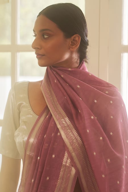 Buy_Five Point Five_Pink Chanderi Cotton Zari Woven Saree With Running Blouse_Online_at_Aza_Fashions