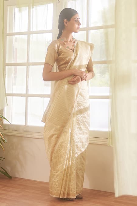 Five Point Five Chanderi Cotton Striped Saree With Running Blouse 