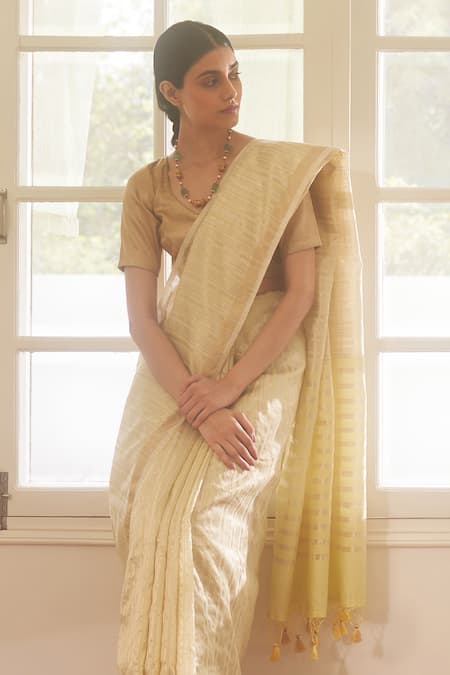 Shop Five Point Five Yellow Chanderi Cotton Striped Saree With Running Blouse Online at Aza Fashions Shop_Five Point Five_Yellow Chanderi Cotton Striped Saree With Running Blouse _Online_at_Aza_Fashions