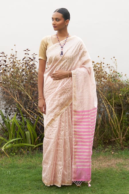 FIVE POINT FIVE Pink Chanderi Cotton Woven Saree With Running Blouse 