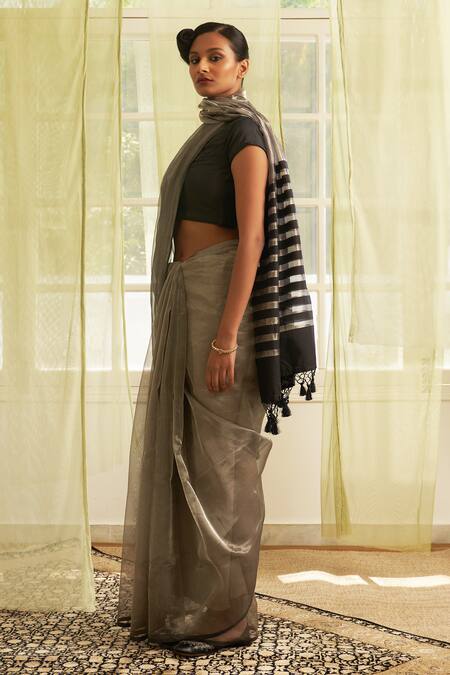 Buy_Five Point Five_Silver Tissue Striped Saree With Running Blouse _Online_at_Aza_Fashions