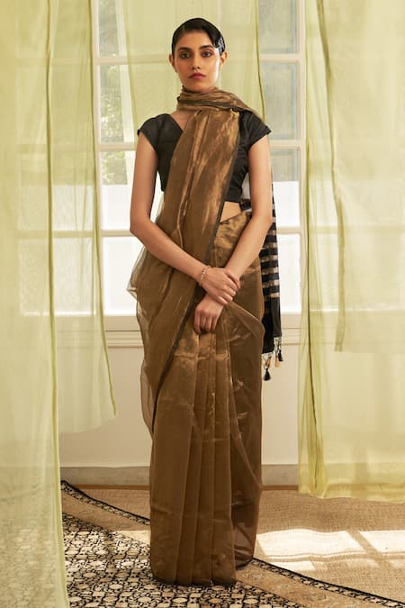 FIVE POINT FIVE Gold Tissue Striped Saree With Running Blouse 