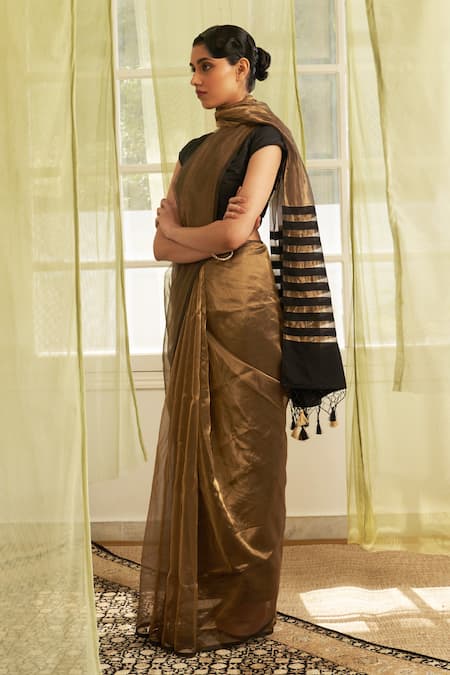 Five Point Five_Gold Tissue Striped Saree With Running Blouse_Online_at_Aza_Fashions