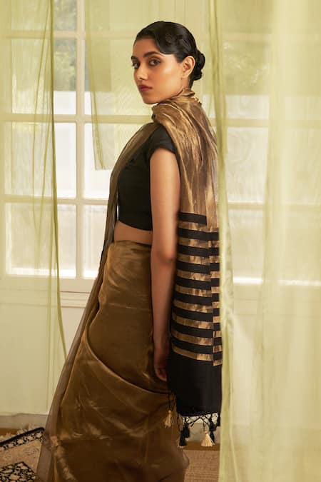 Buy_Five Point Five_Gold Tissue Striped Saree With Running Blouse_Online_at_Aza_Fashions