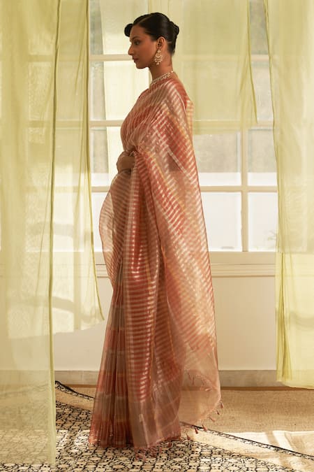 Shop Five Point Five Brown Kota Doria Kora Striped Saree With Running Blouse at Aza Fashions Shop_Five Point Five_Brown Kota Doria Kora Striped Saree With Running Blouse _at_Aza_Fashions