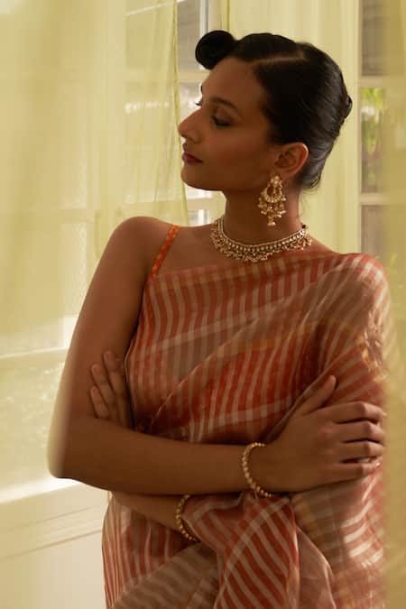 Shop Five Point Five Brown Kota Doria Kora Striped Saree With Running Blouse Online at Aza Fashions Shop_Five Point Five_Brown Kota Doria Kora Striped Saree With Running Blouse _Online_at_Aza_Fashions