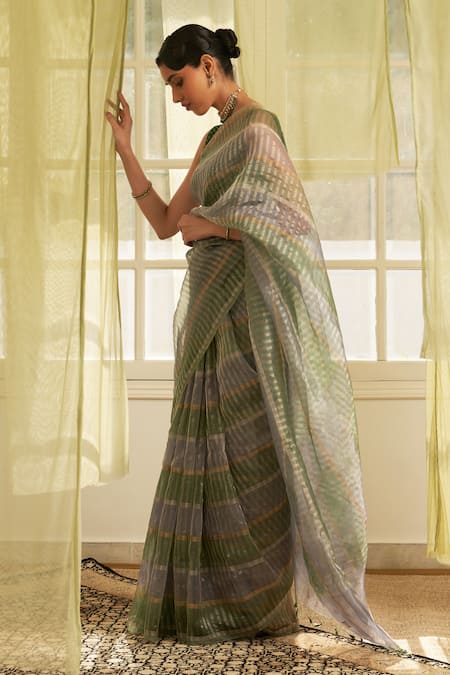 Shop Five Point Five Green Kota Doria Kora Saree With Running Blouse at Aza Fashions Shop_Five Point Five_Green Kota Doria Kora Saree With Running Blouse _at_Aza_Fashions