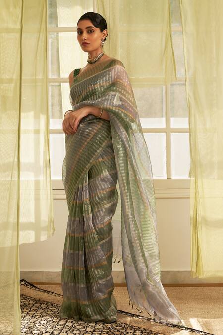 Five Point Five Green Kota Doria Kora Saree With Running Blouse Online at Aza Fashions Five Point Five_Green Kota Doria Kora Saree With Running Blouse _Online_at_Aza_Fashions