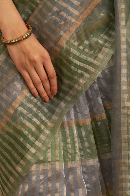 Shop Five Point Five Green Kota Doria Kora Saree With Running Blouse Online at Aza Fashions Shop_Five Point Five_Green Kota Doria Kora Saree With Running Blouse _Online_at_Aza_Fashions