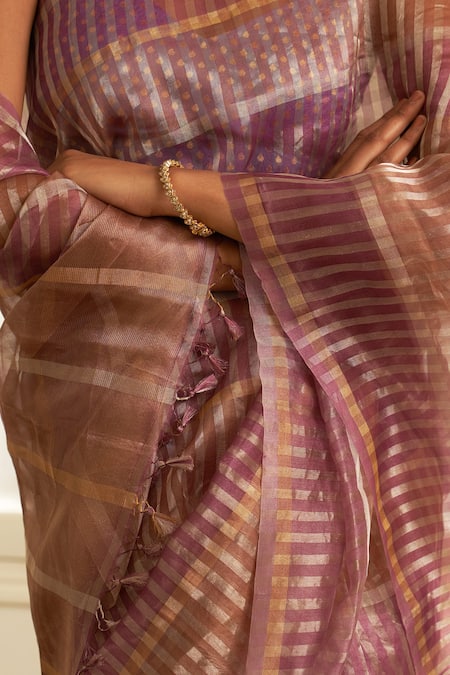 Shop Five Point Five Purple Kota Doria Zari Kora Striped Saree With Running Blouse Online at Aza Fashions Shop_Five Point Five_Purple Kota Doria Zari Kora Striped Saree With Running Blouse _Online_at_Aza_Fashions