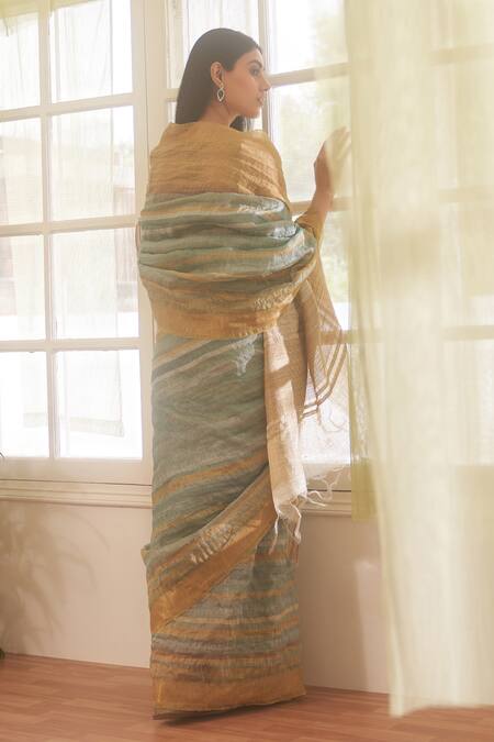 Shop Five Point Five Blue Handloom Cotton, Linen Zari Striped Saree With Running Blouse at Aza Fashions Shop_Five Point Five_Blue Handloom Cotton, Linen Zari Striped Saree With Running Blouse_at_Aza_Fashions