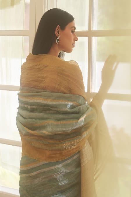 Five Point Five Blue Handloom Cotton, Linen Zari Striped Saree With Running Blouse Online at Aza Fashions Five Point Five_Blue Handloom Cotton, Linen Zari Striped Saree With Running Blouse_Online_at_Aza_Fashions