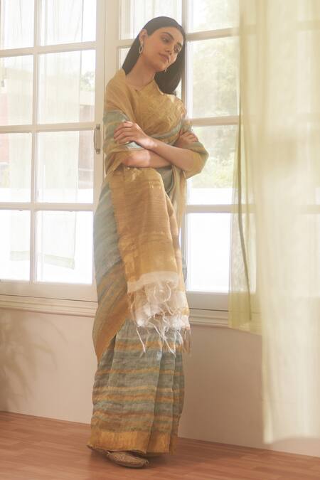 Buy Five Point Five Blue Handloom Cotton, Linen Zari Striped Saree With Running Blouse Online at Aza Fashions Buy_Five Point Five_Blue Handloom Cotton, Linen Zari Striped Saree With Running Blouse_Online_at_Aza_Fashions