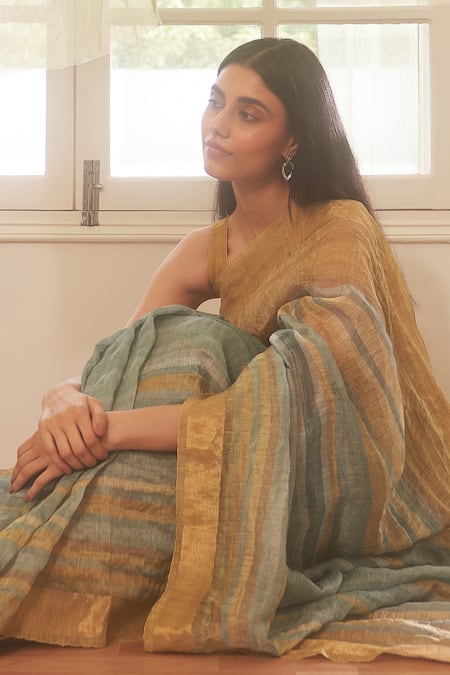 Shop Five Point Five Blue Handloom Cotton, Linen Zari Striped Saree With Running Blouse Online at Aza Fashions Shop_Five Point Five_Blue Handloom Cotton, Linen Zari Striped Saree With Running Blouse_Online_at_Aza_Fashions