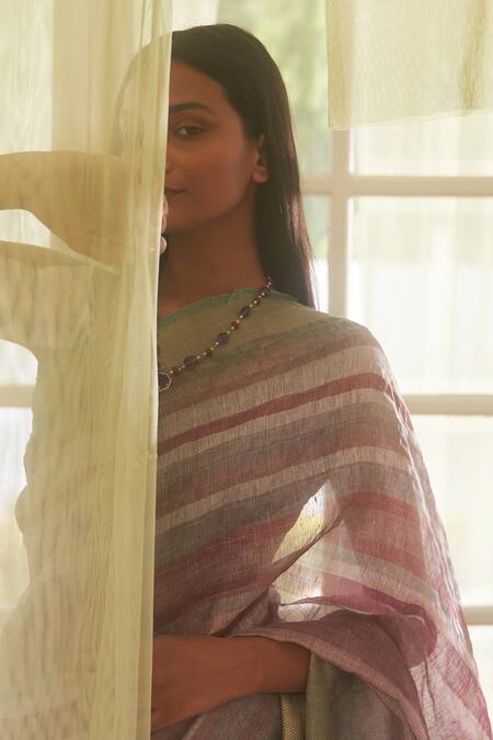 Five Point Five_Purple Handloom Cotton, Linen Zari Saree With Running Blouse_Online_at_Aza_Fashions