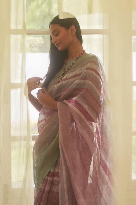 Shop_Five Point Five_Purple Handloom Cotton, Linen Zari Saree With Running Blouse_Online_at_Aza_Fashions