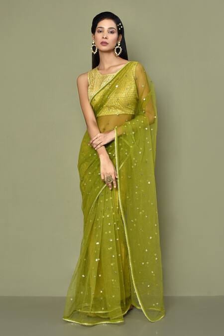 Buy Green Super Net Embroidered Work Sheer Saree With Running