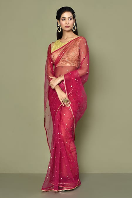 Buy Maroon Super Net Zardozi Sheer Work Saree With Running Blouse