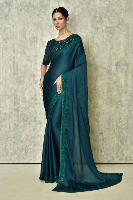 Buy Green Silk Embroidered Floral Round Border Saree With Blouse For ...