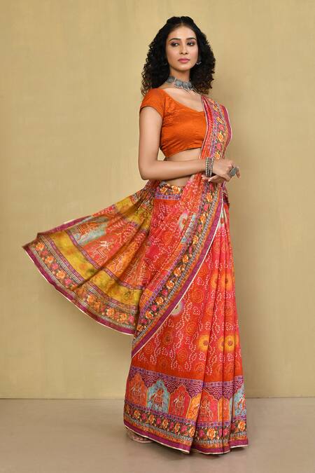 Buy_Samyukta Singhania_Orange Silk Embroidery, Zari Bandhani And Animal Print Saree With Running Blouse_Online_at_Aza_Fashions