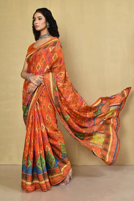 Buy_Samyukta Singhania_Orange Silk, Jacquard Floral And Geometric Print Saree With Running Blouse_Online_at_Aza_Fashions