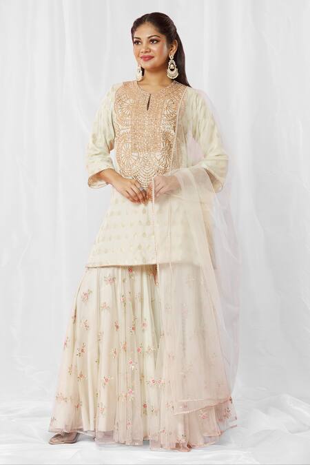 Buy_Bhairavi Jaikishan_Green Chanderi Silk, Net Sequins, Embroidery Split Butti Kurta Sharara Set_Online_at_Aza_Fashions