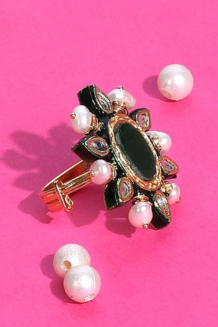 Auraa Trends Green Diamonds, Pearls Kundan Embellished Ring - Single Pc