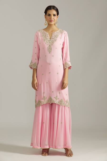 Buy_Priyaa_Pink Georgette, Net Cut Work, Sequins Split Floral Embroidered Kurta Sharara Set _Online_at_Aza_Fashions
