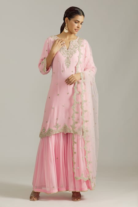 Shop_Priyaa_Pink Georgette, Net Cut Work, Sequins Split Floral Embroidered Kurta Sharara Set _Online_at_Aza_Fashions