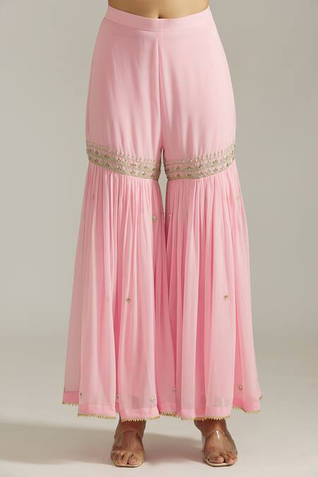 Buy_Priyaa_Pink Georgette, Net Cut Work, Sequins Split Floral Embroidered Kurta Sharara Set 