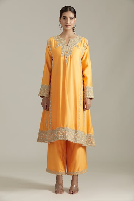 Buy_Priyaa_Yellow Chanderi Silk, Net Sequins, Cut Work Dori Embroidered Kurta Pyjama Set _Online_at_Aza_Fashions